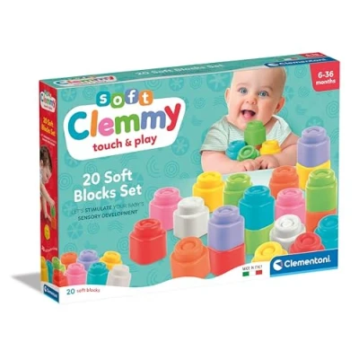 Image of Clementoni Baby Blocks Clemmy 20 Soft Building Set Blocks, for Kids 6 Months, Bricks Washable, Construction Set, Development &amp; Activity Toy, Made In Italy, 17989