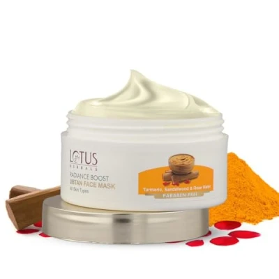 Image of Lotus Herbals Radiance Boost Ubtan Face Mask Turmeric, Sandalwood and Rose Water Glowing Skin Reducing Dark Spots Paraben Free Mineral Oil 100g