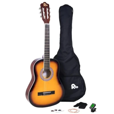 Image of Rio 3/4 Size Sunburst Classical Guitar Pack For Junior Beginners Suit 9 To 12 Years Inc Bag, Strap, Picks, Pitch Pipes New