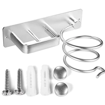 Image of YUET Hair Dryer Holder Hairdryer Straightener Station Wall Mounted Metal Spiral Shelf Bracket Stand Hanger Organizer Blow Storage With Cable Tidy Rack For Dressing Table Bathroom Professional Silver