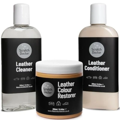 Image of Scratch Doctor Leather Cleaner, Colour Restorer &amp; Protection Conditioner Kit Clean, Recolour Protect Sofas Chairs Bags Shoes (Tan, 250ml)