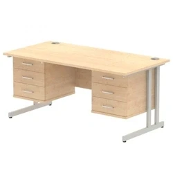 Image of Impulse 1600x800 Desk Maple Silver Cantilever Leg + 2x Fixed Pedestal