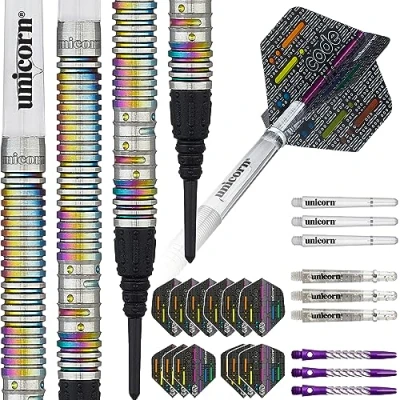 Image of Unicorn Soft Tip Darts Set Michael &#039;The Bully Boy&#039; Smith Code Players DNA 90% Natural Tungsten Barrels with Multicolour Titanium Accents 18 g