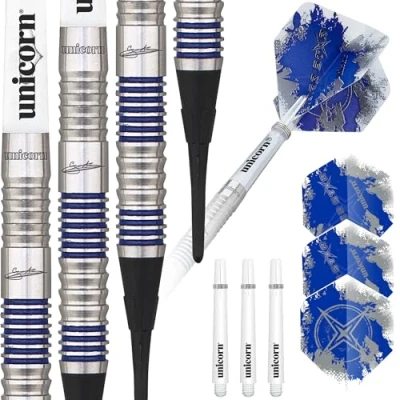 Image of Unicorn Soft Tip Darts Set Gary &#039;The Flying Scotsman&#039; Anderson Silver Star 80% Natural Tungsten Barrels with Blue Accents 18 g