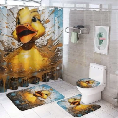 Image of FOCCAR Watercolor Duck Shower Curtain Sets with Rugs Toilet Lid Cover And Bath Mat Yellow Animals Cartoon Countryside Curtains 12 Hooks Waterproof 4 Piece Bathroom Decor Set