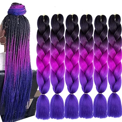 Image of Ombre Braiding hair Puprle kanekalon extensions 6pcs Synthetic 24 Inch Jumbo Braids for Crochet Box (Black to Purple)