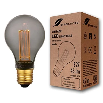 Image of greenandco® E27 A60 LED Vintage Retro Filament Bulb Smoke Edison Style 2W 45lm 2000K 320 230V Glass Bulb, no Flicker, not dimmable