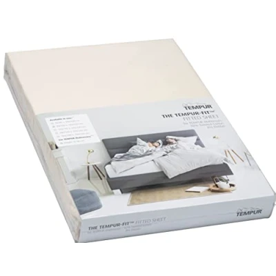 Image of TEMPUR FIT fitted sheet made of jersey cotton blended with elastane, very stretchy, suitable for mattresses between 140/160cm x 200/220cm, machine washable and chemical free, white
