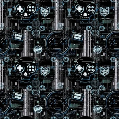 Image of Gaming Glitch Charcoal Blue Wallpaper Level Up, Game Over, Loading Children&#039;s Room Trendy Feature Wall