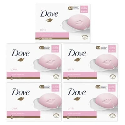Image of Dove Pink Moisturising Beauty Cream Bar 3 in 1 Cleanses, Moisturises and Nourishes Soap for Soft, Smooth Skin Vegan, Crealty Freee Dermatologically Tested 2x90g, 5 Pk