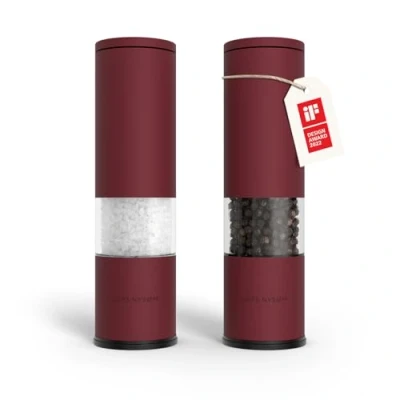 Image of LARS NYSØM Salt and Pepper Mills Set Stainless Steel with Adjustable Ceramic Grinder 2 Pieces I Design Spice Manual (Berry Red)