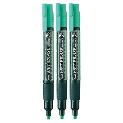Image of Pentel Green Wet Erase Chalk Marker Pens Metal Glass Plastic Stone Blackboard Chalkboard 4mm Chisel Nib With 1.5mm Line Width SMW26 DO (Pack Of 3)
