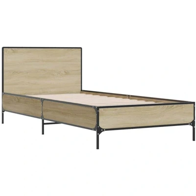 Image of vidaXL Sonoma Oak Bed Frame Base 100x200 cm Engineered Wood &amp; Metal with Legs and Plywood Slats for Bedroom