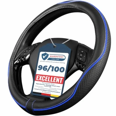 Image of Upgrade4cars Steering Wheel Cover Blue Black Leather Look Universal Fit 14,5 15 Inch Car Accessories Interior