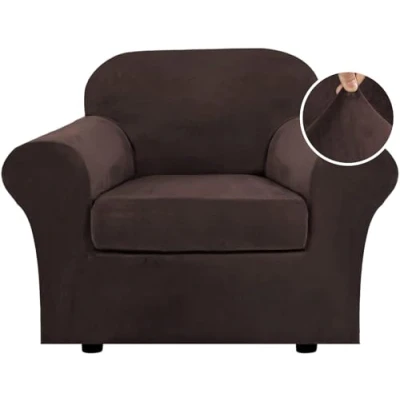Image of LINGKY Velvet Sofa Cover 1 Seater With Separate Seat Cushion Covers, Stretch Couch Non Slip Slipcovers for Living Room Furniture Protector (Brown,1 Seater)