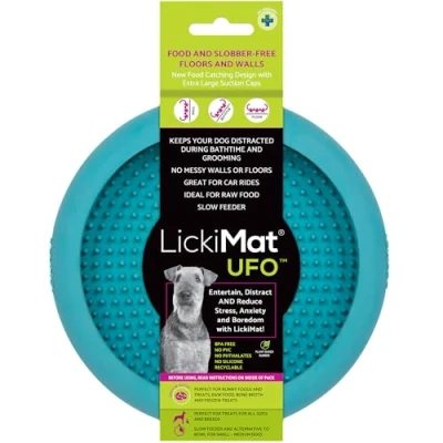 Image of New LickiMat UFO Bathing, Shower &amp; Grooming Distractor. Natural Rubber Large Soother Licking Nubs soft and runny treats. Unique Food Dribble Catcher Design. Slow Feeder Dog Bowl. (Turquoise)