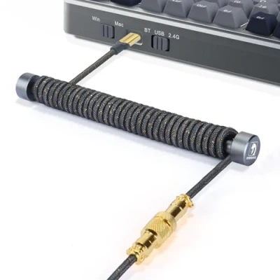 Image of MAMBASNAKE C03 Custom Coiled Keyboard Cable and Metal Aviator Winder Set Fixed Rod + Braided USB C with 24K Gold for Gaming Keyboard/Smartphone Charging Grey