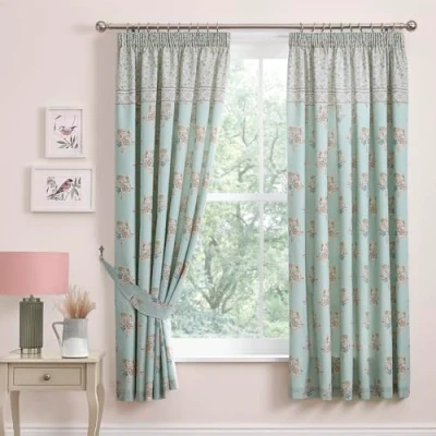 Image of Dreams &amp; Drapes Duck Egg Damask Floral Curtains W66 x L72 (168 183cm) 2x Pencil Pleat Tie Backs Included Baroque in Vintage Pleated