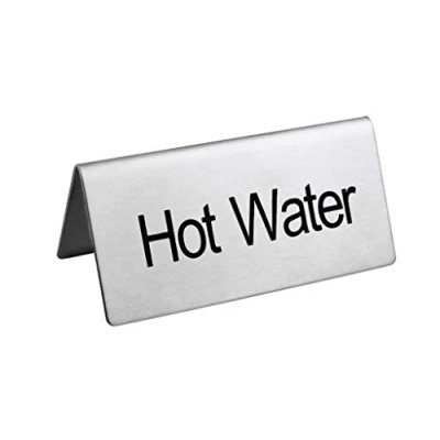Image of New Star Stainless Steel Table Tent Sign, &quot;Hot Water&quot;, 3 Inch by 1 1/2 Inch, Set of 2