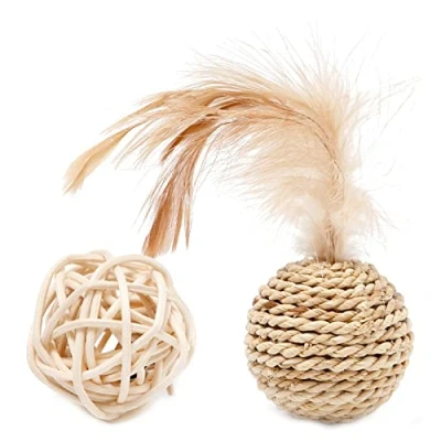Image of Straw Weaving Rattan Ball Cat Toy Built In Bell Feather Cute Playing For Interactive Indoor When Not Home Best