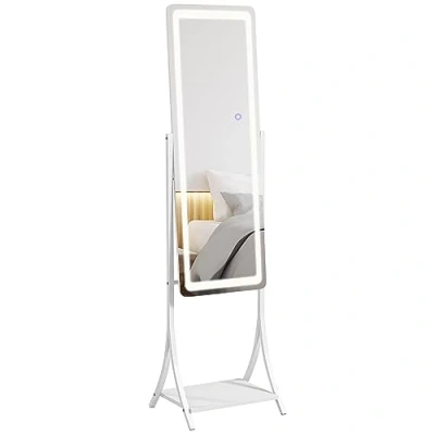 Image of HOMCOM Full Length Mirror with LED Lights, Dimmable Free Standing Body 3 Temperature Colours, Adjustable Angle and Storage Shelf for Bedroom, Living Room, Hallway, White