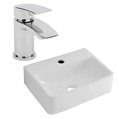 Image of Milano Farington White Rectangular Countertop Bathroom Basin Sink Mono Mixer Tap 400mm x 295mm