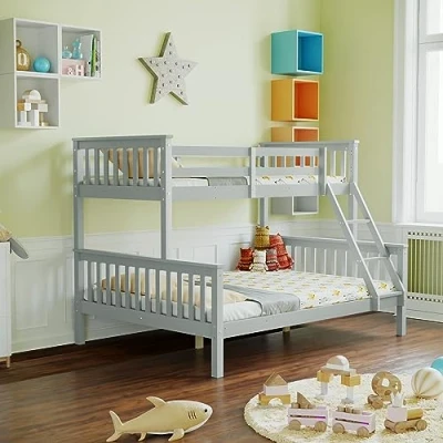 Image of Vida Designs Milan Triple Bunk Bed, Three Sleeper, Solid Pine Wood Frame, Kids Children, Double 4 Foot 6, Single 3 Foot, Grey