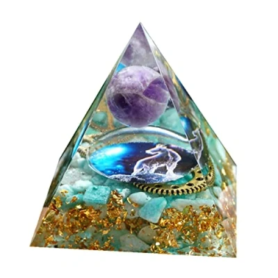 Image of Capricorn Zodiac Style Amethyst Sphere Orgonite Pyramid with Amazonite Stone Healing Crystal Chakra Reiki Energy Orgone Meditation Pyramide