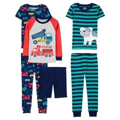 Image of Simple Joys by Carter&#039;s Boys&#039; 6 Piece Snug Fit Cotton Pajama Set, Multicolour/Cars/Dog/Firetruck/Stripes, 9 Months (Pack of 3)