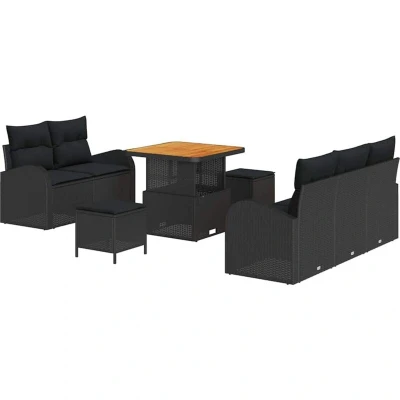 Image of vidaXL 8 Piece Garden Sofa Set with Cushions Black Poly Rattan Acacia