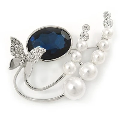 Image of Avalaya Rhodium Plated Blue CZ, Glass Pearl Floral &amp; Butterfly Brooch 45mm Across