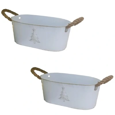 Image of Fyne Finds Pack of 2 Metal Tin Pail Trough Embossed Tree 30cm,12Inch Plant Pot Gold White Christmas Xmas Decor