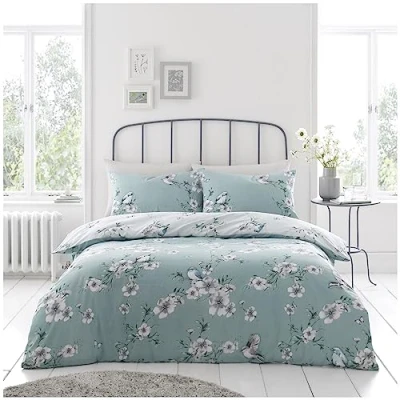 Image of VELVETIO Luxury Birdie Blossom Floral Duvet Cover Sets with Matching Pillow cases, Reversible Printed Birds Flower Bedding Quilt, Soft Polycotton Botanical Bedlinen Set, King, Duck Egg