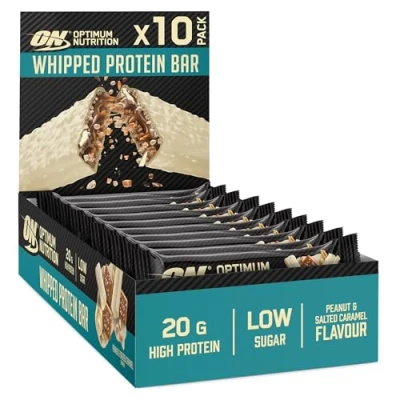 Image of Optimum Nutrition Whipped Protein Bars, Healthy Low Calorie Snacks, Carb Sugar, Workout Snack for Men and Women, Peanut &amp; Salted Caramel Flavour, 10 x 65g