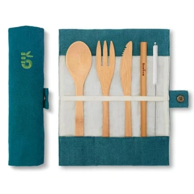 Image of Bamboo Cutlery Set Eco Reusable Knife, Fork, Spoon and Straw Plastic Free Travel with Carrying Pouch Zero Waste 20 cm Lagoon Bambaw