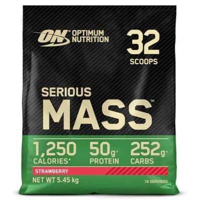 Image of Optimum Nutrition Serious Mass Protein Powder with Creatine, Glutamine, 25 Vitamins and Minerals, Strawberry Flavour, 16 Servings, 5.45KG