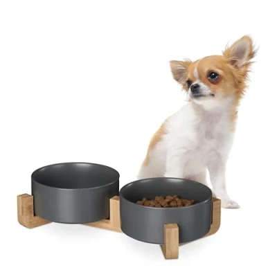 Image of Relaxdays Ceramic Dog Bowl, Double, 850 ml, for Food &amp; Water, Bowl with Bamboo Stand, HxWxD: 9x32x17 cm, Grey