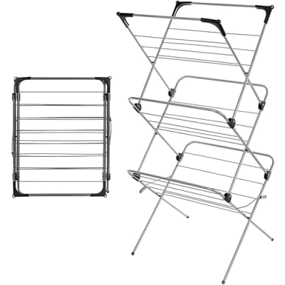 Image of 1ABOVE Premium Quality, Alloy Steel 3 Tier Clothes Airer Dryer Laundry Drying Washing Line Horse Indoor Outdoor Towel Rack 15m Space Non Slip Feet and Corner spaces for Hangers Black &amp; Grey