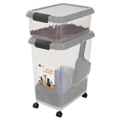 Image of Taylor &amp; Brown 3 Piece Airtight Pet Food Storage Container With Plastic Measuring Scoop Treats For Dog Cat Animal Dry Dispenser Casters, Grey