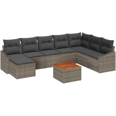 Image of vidaXL 9 Piece Garden Sofa Set with Cushions Grey Poly Rattan Acacia