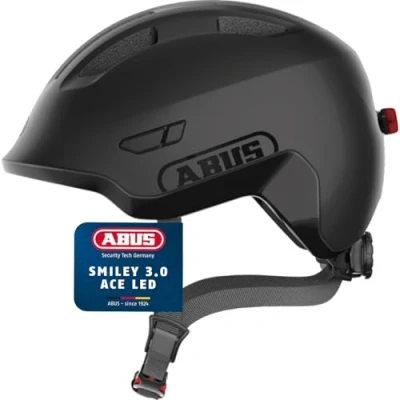 Image of ABUS Smiley 3.0 ACE LED kids helmet bike with light deep fit &amp; room for a ponytail girls and boys black, size M