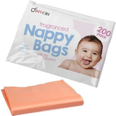 Image of DIVCHI Baby Disposable Diaper Sacks Bags Dispenser Antibacterial Power Scented Nappy Disposal Easy Tie for Travel 1 x 200 Pack (200 in Total)