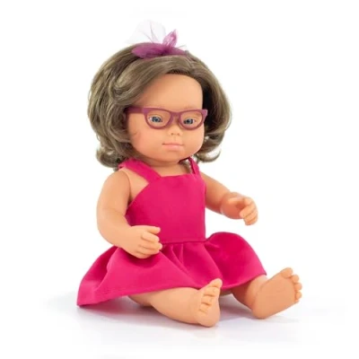Image of Miniland Baby Doll Caucasian Girl with down syndrome and glasses 38cm. Made in Spain vanilla scent. Anatomically correct. My Friends &amp; Me collection