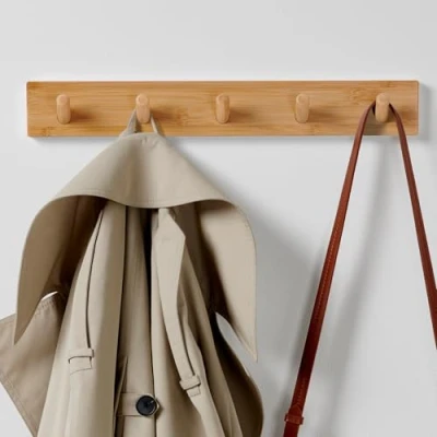 Image of LARHN Wooden Coat Hooks Wall Mounted Rack 5 for 43 cm All Fixings Included Quick &amp; Easy Installation