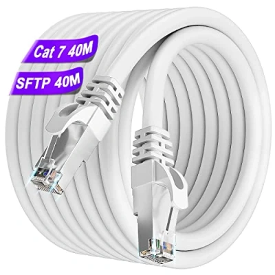 Image of Ethernet Cable 40m, Cat 7 Internet 40 Metres Outdoor Wifi High Speed White Network 10Gbps Wlan SFTP Shielded 24AWG Patch RJ45 LAN for Router Modem