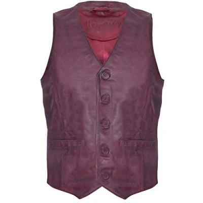 Image of Mens Burgundy Leather Waistcoat Casual Classic Formal Traditional Gilet Vest L