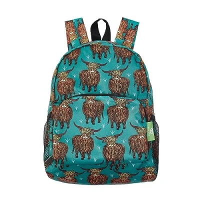 Image of ECO CHIC Lightweight Foldable Water Resistant Mini Backpack Folds Into Pouch for Storage (Highland Cow Teal)