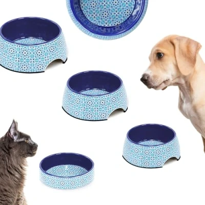 Image of Record Mirage Dog Bowl Made of Melamine Equipped with Non Slip Rubber Pads Dimensions: Diameter 14 cm Capacity 160 ml Geometric Pattern on Blue and Tones