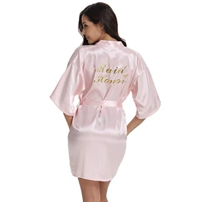 Image of Vlazom Bridal Bridesmaid Robes Silk Bride Party Dressing Gwon, Glitter Kimono Bathrobe, C Maid of Honor Pink, L(UK 14 16)