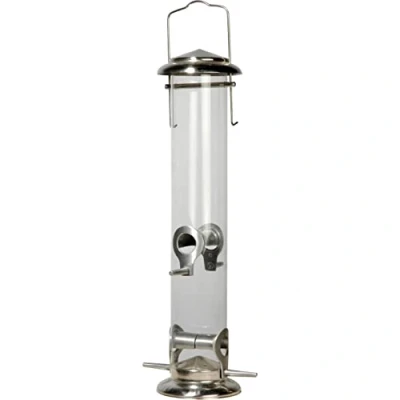 Image of dobar® 11520 Large Bird Feeder with Acrylic Glass Tube Steel Feeding Station for Wild Birds Hanging Food Garden/Patio/Balcony Diameter 9.5 x 39 cm Silver